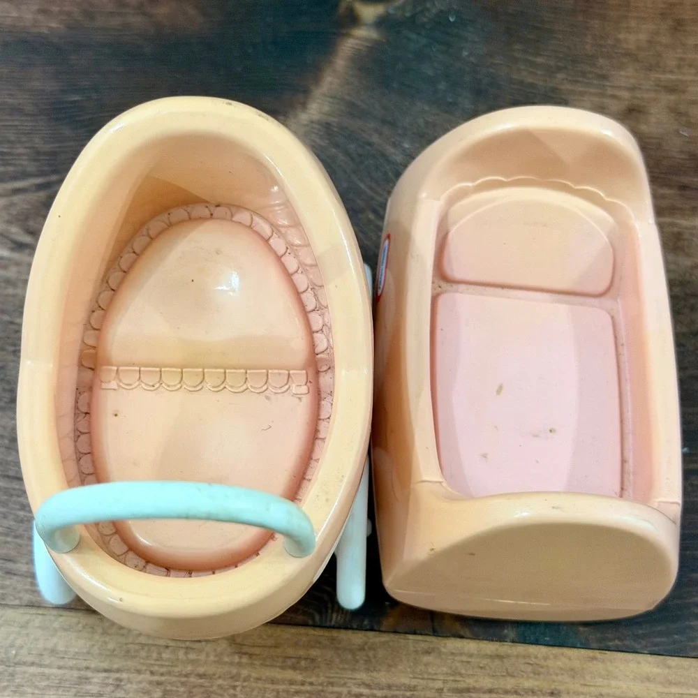 Vintage Little Tikes Pink Dollhouse Furniture Baby Carriage and Cradle Set